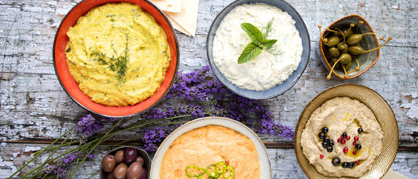 Dips vegan tzatziki ktipiti baba ganoush tartinade courgettes