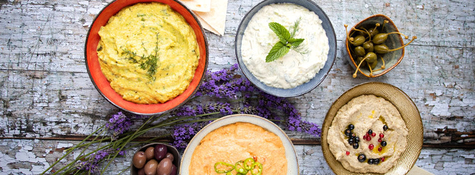 Dips vegan tzatziki ktipiti baba ganoush tartinade courgettes